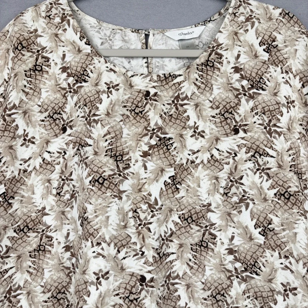 CJ Banks Top Womens 2X Linen Blend Pineapple Print Short Sleeve